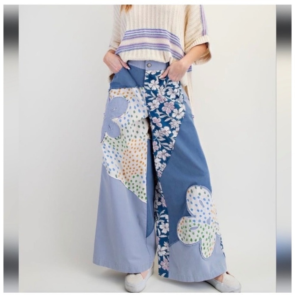 Easel Patchwork Pants Women L Blue Excellent Boho Floral Wide Leg Mixed media